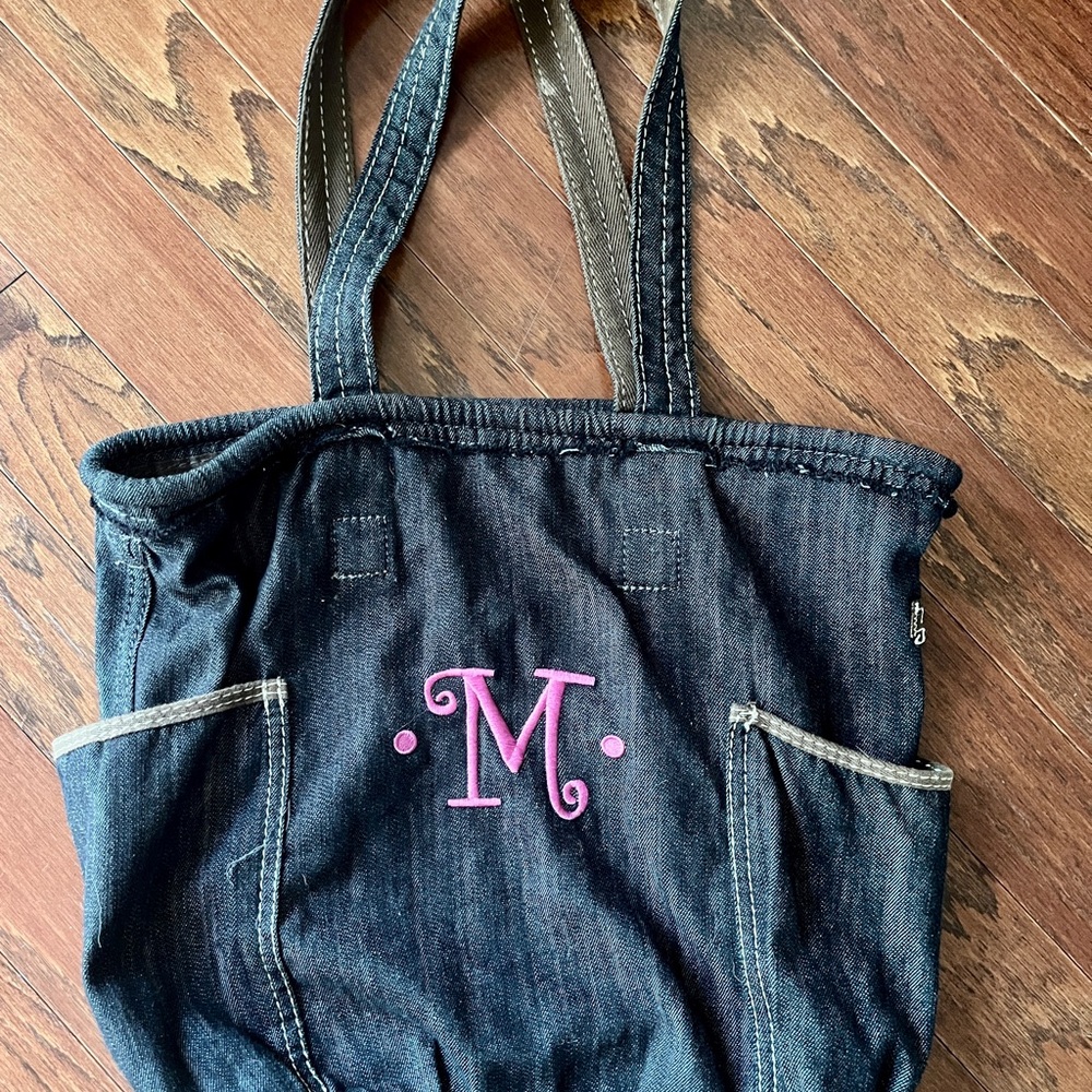 Denim Hobo Tote Bag with Pink Monogram M by Thirty One